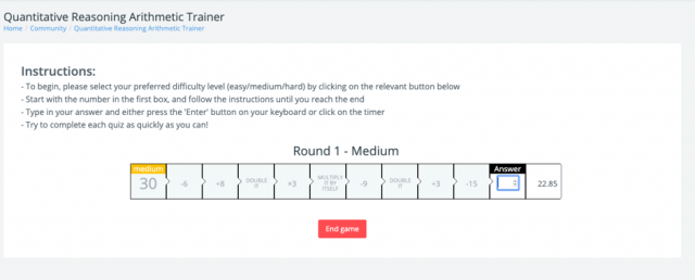 Quantitative Reasoning Mental Arithmetic Trainer